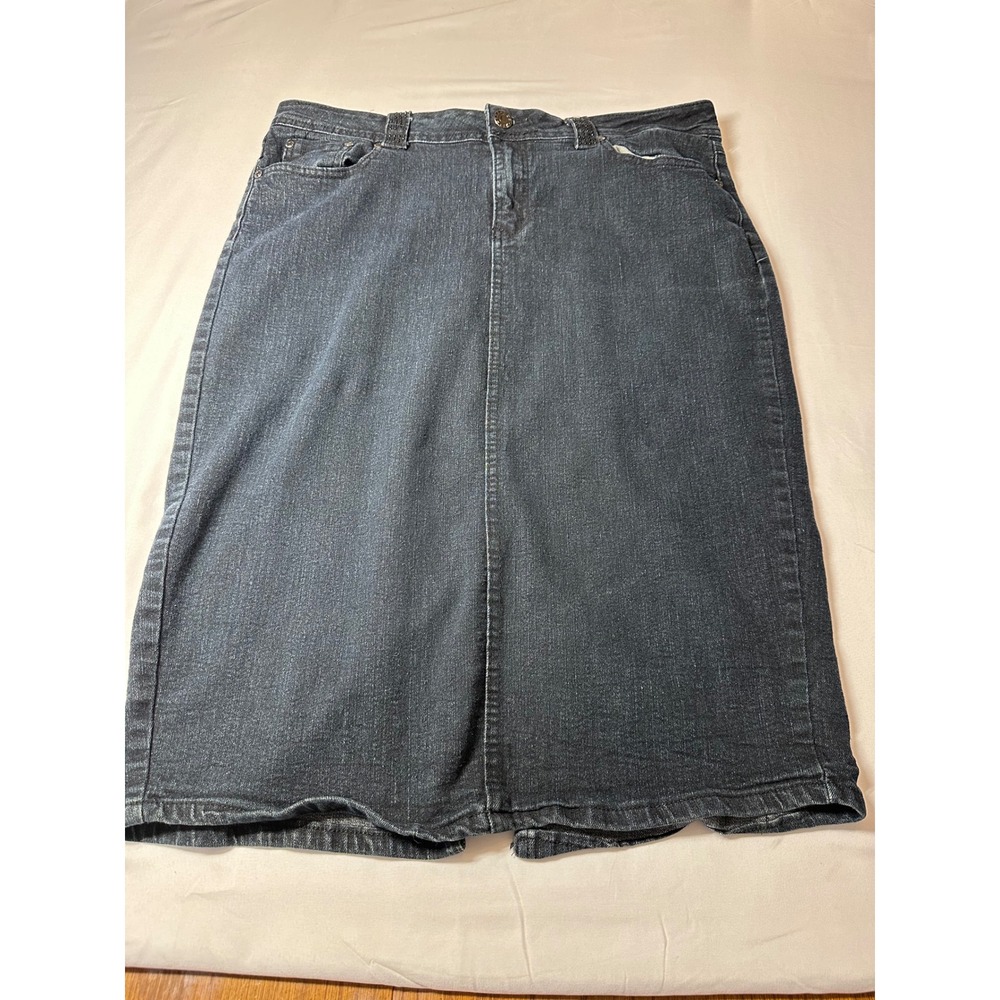 Que Hermosa Womens Dark Wash Embellished Denim Midi Skirt Rhinestone Size 14